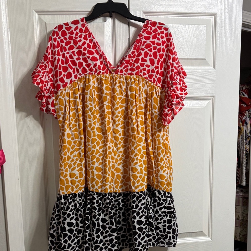 BUCKETLIST Colorblock Animal Print V-Neck Tunic Dress - Red, Mustard & Black